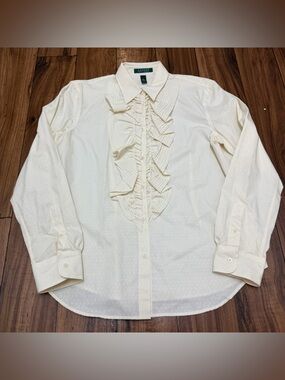 Lauren Ralph Lauren Ruffle Front Blouse Womens Large Cream Button Shirt